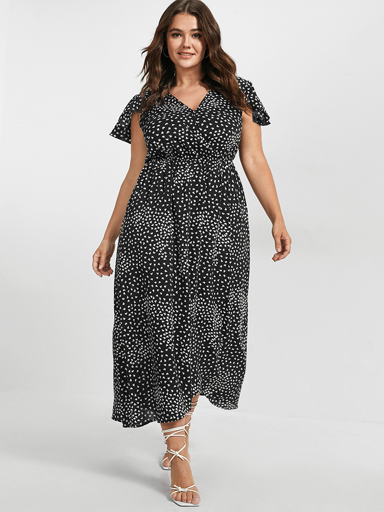 Plus Size V Neck Butterfly Pattern Split Dress Multicolor Women Elegant Gathered V-neck Cap Sleeve Curvy Midi Dress BloomChic 10/M 